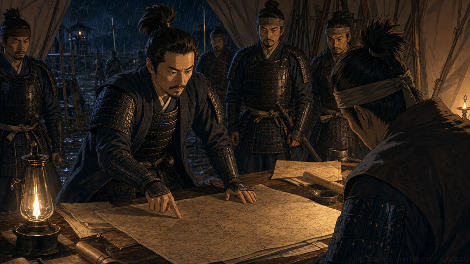 備中高松城の水攻めで毛利方との講和を模索する黒田官兵衛のイメージ画像 作成:junk-word.com (爆点日本史編集部)