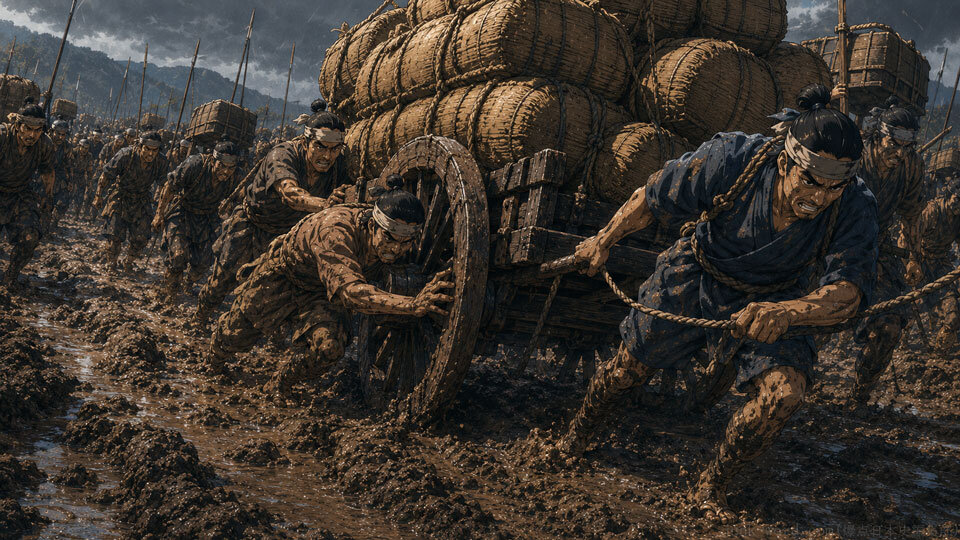中国大返しで兵糧などの物資を運ぶ小荷駄隊のイメージイラスト 作成:junk-word.com (爆点日本史編集部)