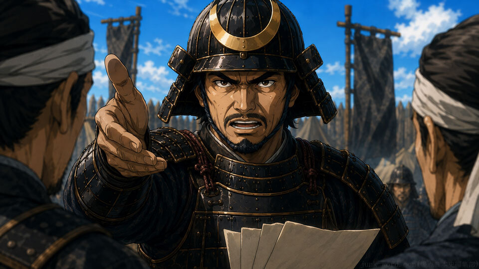 中国大返しで姫路城から山崎へ向かうための戦略をねる羽柴秀吉のイメージイラスト 作成:junk-word.com (爆点日本史編集部)