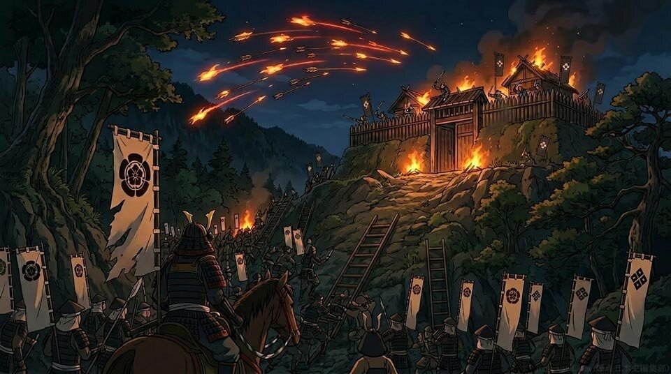 織田信長の上洛戦 六角氏の支城「箕作城」に夜襲を仕掛ける織田軍 イメージ画像（生成AI） 作成：junk-word.com（爆点日本史編集部）