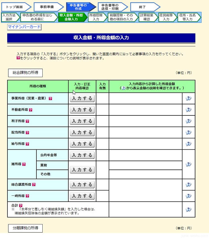 etax 所得税「収入金額・所得金額」の入力