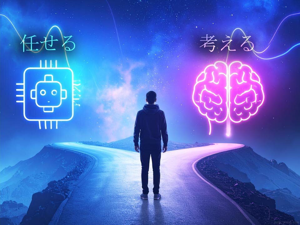 ChatGPT依存が思考力を奪う？MIT研究が示す正しいAIとの付き合い方 自分で考えるかAIに任せるかのイメージ図 作成：junk-word.com