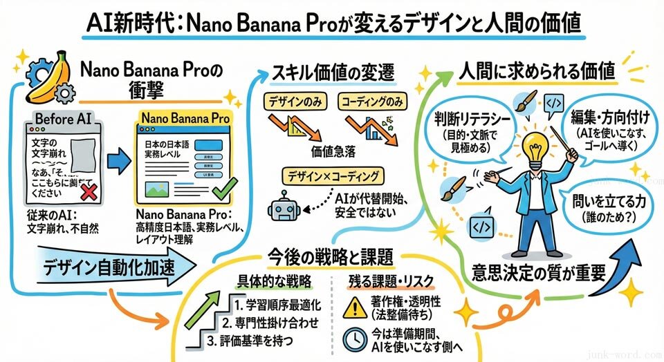 Nano Banana Proで作成した別バージョン(カラフルな色)のグラフィックレコーディング風のイメージ画像 作成:junk-word.com