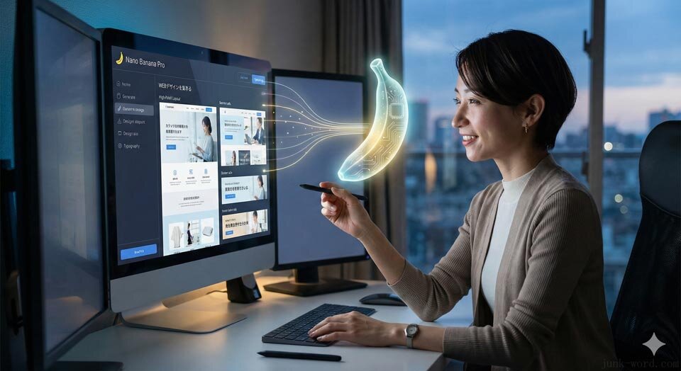 Nano Banana Proで作成した日本人の女性(Webデザイナー)がオフィスでデザイン作業をしている様子 イメージ画像 作成:junk-word.com