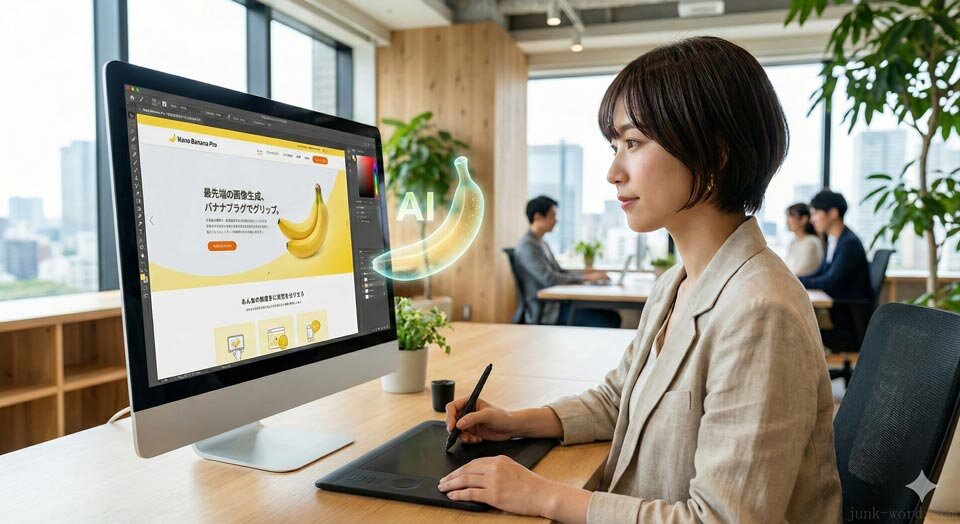 Nano Banana Proで作成した日本人の女性(Webデザイナー)の別バージョン。明るいオフィスでデザイン作業をしている様子 イメージ画像 作成:junk-word.com