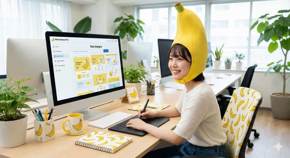 Nano Banana Proで作成したバナナの帽子をかぶった20代の日本人女性(Webデザイナー) オフィスでデザイン作業をしている様子 デスク周りのアイテムもバナナのイラストが入っている メージ画像 作成:junk-word.com