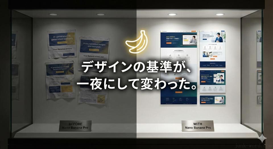 Nano Banana Proが一線を越えた!というタイトルのブログ記事で使用するメインビジュアルのアイデア出し1 博物館の展示風 イメージ画像 作成:junk-word.com