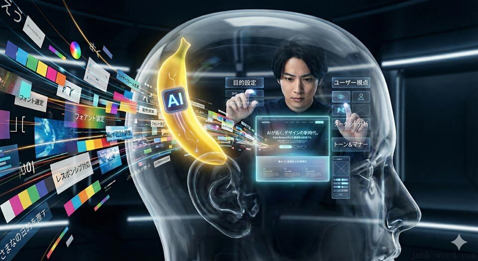 Nano Banana Proが一線を越えた!というタイトルのブログ記事で使用するメインビジュアルのアイデア出し2 近未来のオフィスで働く男性Webデザイナー イメージ画像 作成:junk-word.com