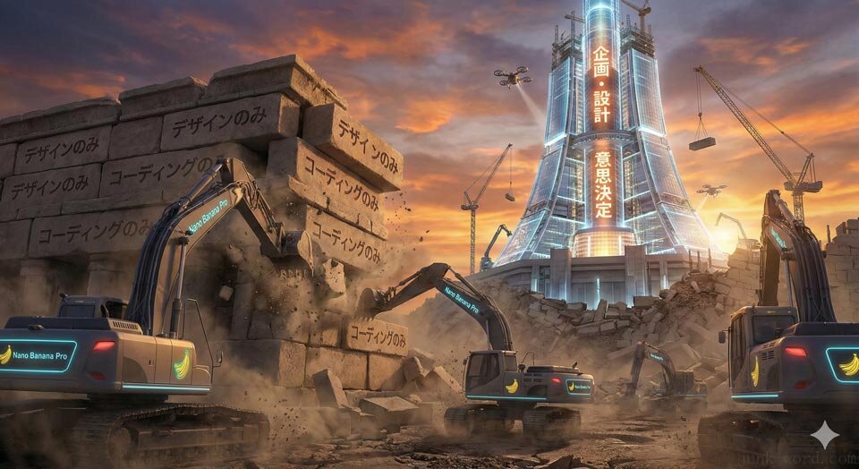Nano Banana Proが一線を越えた!というタイトルのブログ記事で使用するメインビジュアルのアイデア出し3 デザインの常識を壊しているブルドーザー イメージ画像 作成:junk-word.com