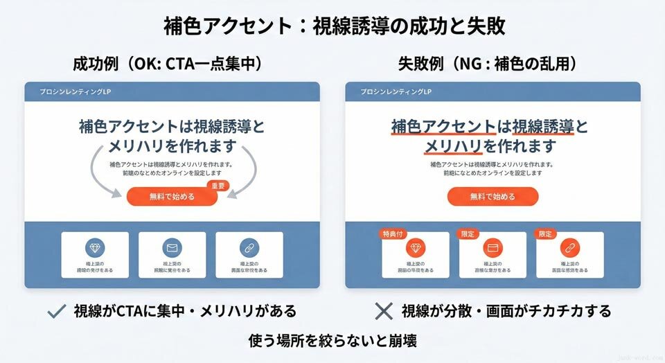 補色アクセントは視線誘導とメリハリを作る イメージ画像 作成：junk-word.com