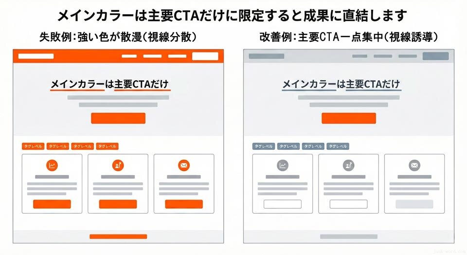メインカラーは主要CTAだけに限定すると成果に直結します イメージ画像 作成：junk-word.com
