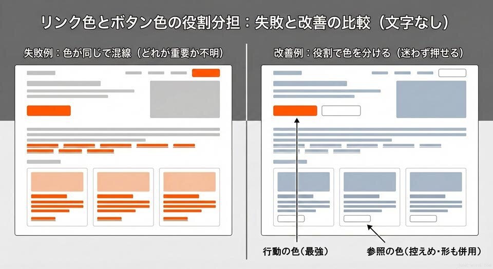 リンク色とボタン色を分けるとユーザーが迷いません イメージ画像 作成：junk-word.com