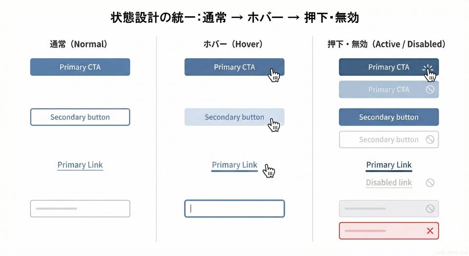 ホバー・押下・無効の状態設計を先に作ると品質が安定します イメージ画像 作成：junk-word.com