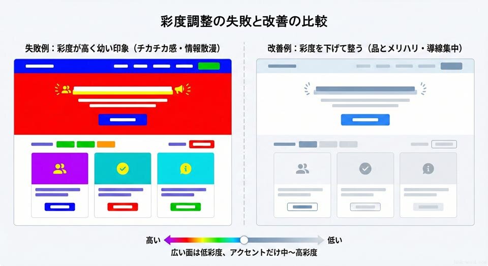 彩度が高すぎると幼く見えるので下げると整います イメージ画像 作成：junk-word.com