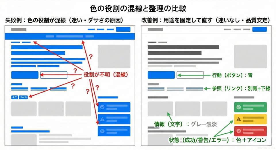 色の役割が混線すると迷うので用途を固定すると直ります イメージ画像 作成：junk-word.com