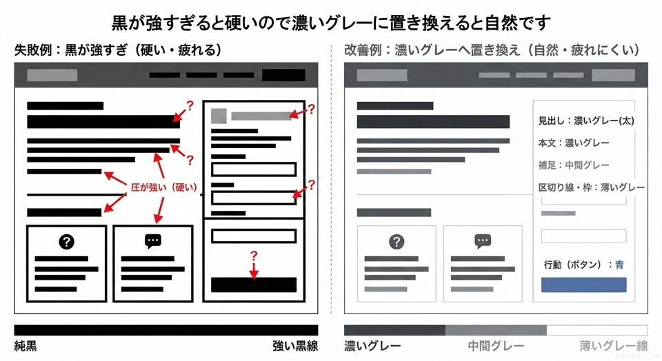 黒が強すぎると硬いので濃いグレーに置き換えると自然です イメージ画像 作成：junk-word.com
