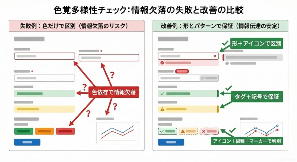色覚多様性でも情報が欠落しないか確認します イメージ画像 作成：junk-word.com