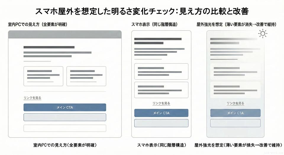 スマホ屋外を想定して明るさの変化で崩れないか見ます イメージ画像 作成：junk-word.com