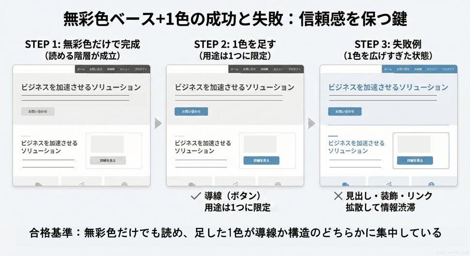 無彩色ベースに1色足すと信頼性を高めます イメージ画像 作成：junk-word.com