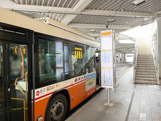 柏駅東口のバス1番乗り場と東武バス 撮影：junk-word.com（爆点日本史編集部）
