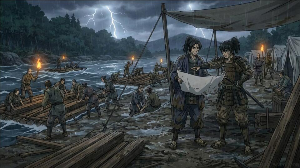 墨俣一夜城 筏に組んだ材木を川で運搬する川並衆と豊臣秀吉、秀長兄弟のイメージ画像 作成:junk-word.com (爆点日本史編集部)