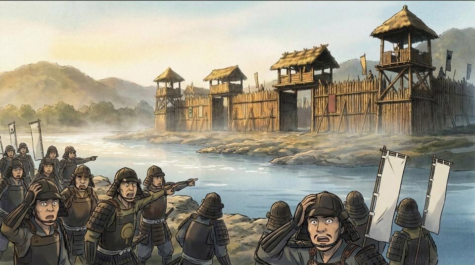 墨俣一夜城の出現に驚愕する美濃勢(斎藤龍興軍)のイメージ画像 作成:junk-word.com (爆点日本史編集部)