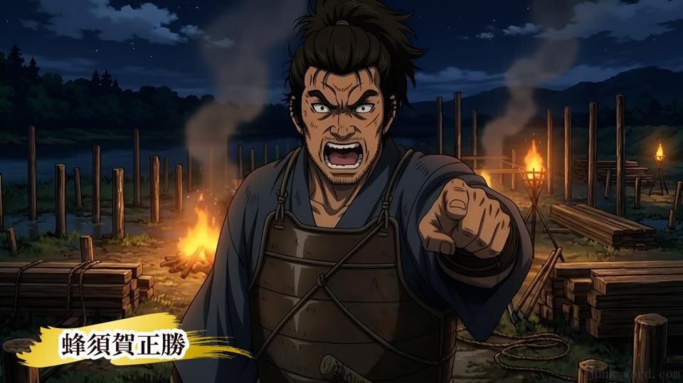 墨俣一夜城で陣頭指揮をとる蜂須賀正勝(小六)のイメージ画像(生成AI) 作成:junk-word.com(爆点日本史編集部)