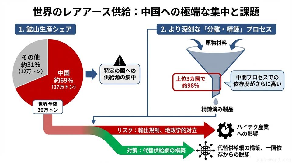 レアアースの産出国は中国が世界シェアの約7割を占めており特定の国への極端な集中が課題 イメージ画像 作成:junk-word.com