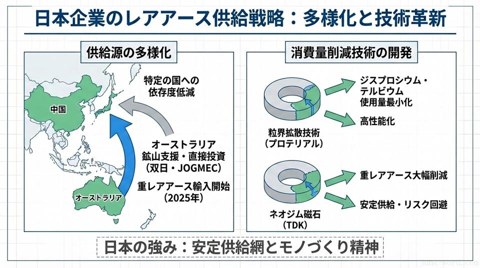 レアアースを取り扱う日本企業は供給源を多角化するために豪州の鉱山支援や材料を減らす技術開発に注力 イメージ画像 作成:junk-word.com
