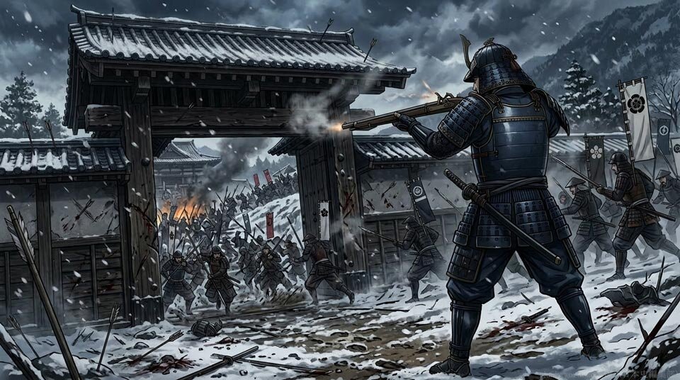 本圀寺の変 火縄銃で防戦する明智光秀のイメージ図 作成：junk-word.com（爆点日本史編集部）