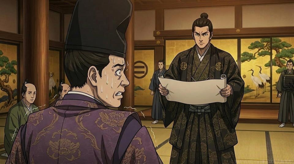 足利義昭に殿中御掟をつきつける織田信長のイメージ図 作成：junk-word.com（爆点日本史編集部）