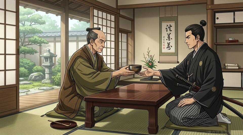戦国時代 堺の商人今井宗久と織田信長 イメージ画像 作成：junk-word.com（爆点日本史編集部）