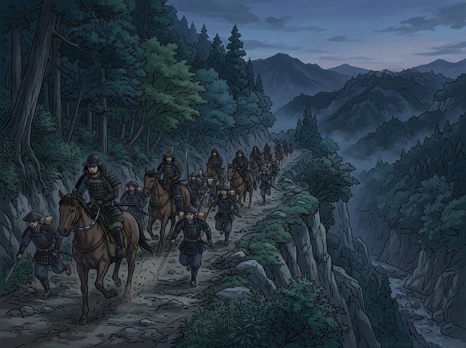 浅井長政の離反によって退路を脅かされた織田軍の撤退（朽木越え）のイメージ画像 作成：junk-word.com（爆点日本史編集部）