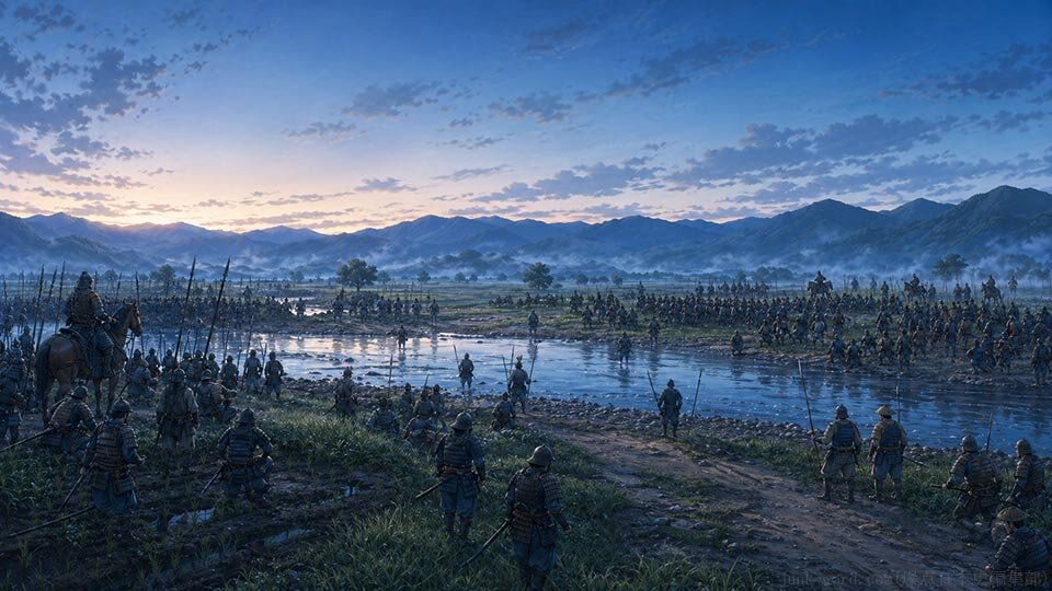 姉川を挟んで対陣した織田・徳川連合軍と浅井・朝倉連合軍のイメージ画像 作成：junk-word.com（爆点日本史編集部）