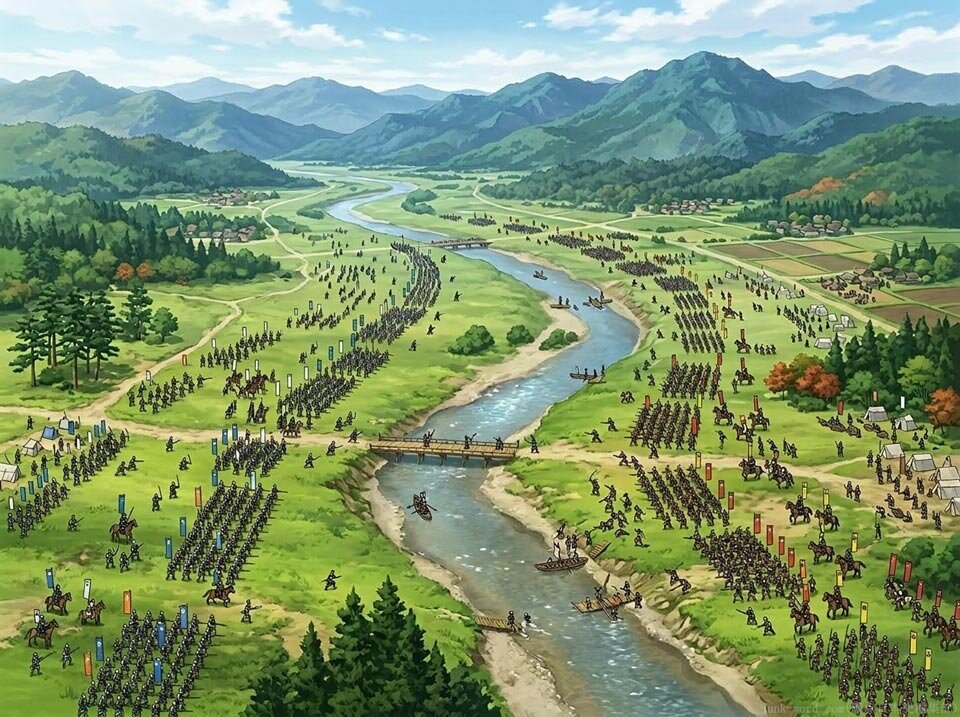 姉川周辺の地形と両軍の布陣をイメージした俯瞰図 作成：junk-word.com （爆点日本史編集部）