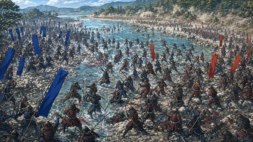 浅井・朝倉軍と織田・徳川軍が戦った姉川の戦いのイメージイラスト 作成：junk-word.com （爆点日本史編集部）