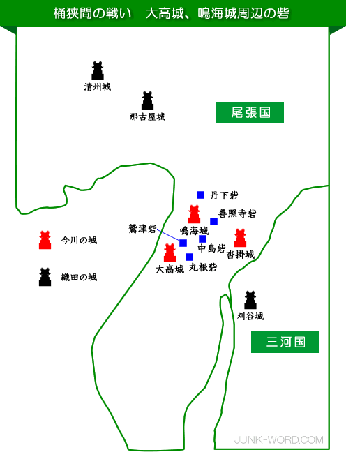 桶狭間の戦い 信長が築いた付城（丹下砦、善照寺砦、中島砦、丸根砦、鷲津砦）