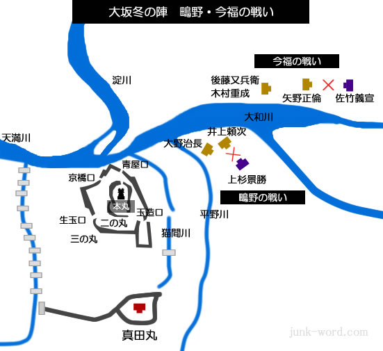 大坂冬の陣・鴫野・今福の戦い（しぎのいまふくのたたかい）布陣図