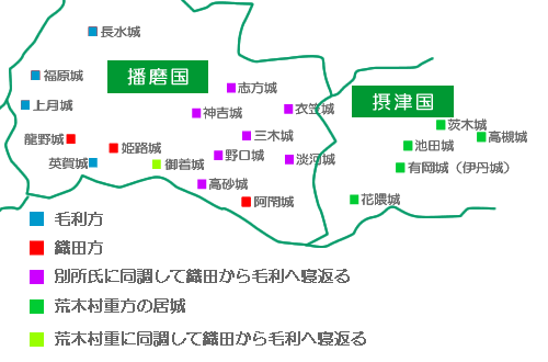 有岡城の戦い　播磨、摂津国勢力図