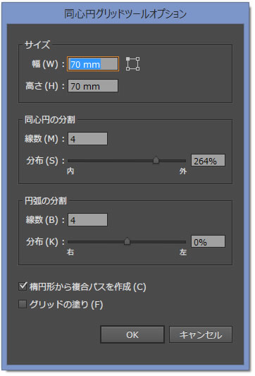 イラストレーターCC 同心円グリッドツールオプションの表示