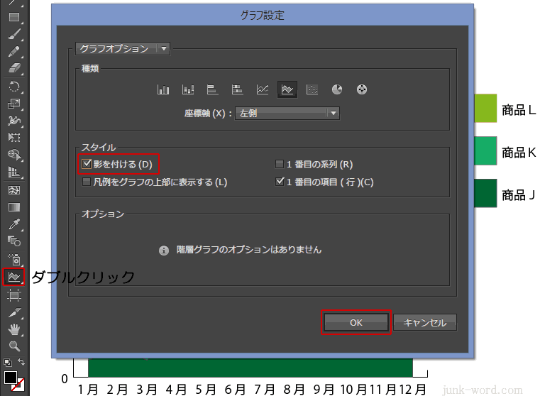 「階層グラフ」に「グラフ設定」で影を付ける