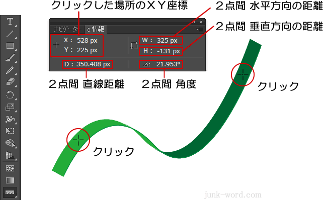 ものさしツール 情報パネル 2点間の座標・距離・角度