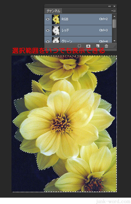 フォトショ 選択範囲を保存するといつでも表示できる